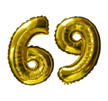 69 balões de hélio número dourado isolado de fundo. folha realista e balões de látex. elementos de design para festa, evento, aniversário, aniversário e casamento. png