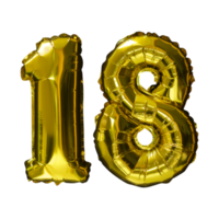 fundo isolado de 18 balões de hélio número dourado. folha realista e balões de látex. elementos de design para festa, evento, aniversário, aniversário e casamento. png