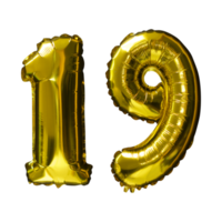 19 d'oro numero elio palloncini isolato sfondo. realistico Foglio e latice palloncini. design elementi per festa, evento, compleanno, anniversario e nozze. png