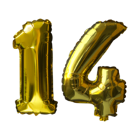 14 Golden number helium balloons isolated background. Realistic foil and latex balloons. design elements for party, event, birthday, anniversary and wedding. png