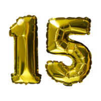 15 Heliumballons mit goldener Zahl isolierter Hintergrund. realistische Folien- und Latexballons. Designelemente für Party, Event, Geburtstag, Jubiläum und Hochzeit. png