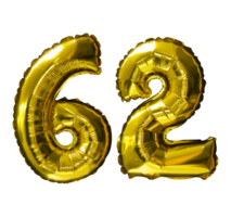62 Heliumballons mit goldener Zahl isolierter Hintergrund. realistische Folien- und Latexballons. Designelemente für Party, Event, Geburtstag, Jubiläum und Hochzeit. png