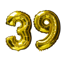 39 ballons d'hélium nombre d'or fond isolé. ballons réalistes en aluminium et en latex. éléments de conception pour la fête, l'événement, l'anniversaire, l'anniversaire et le mariage. png