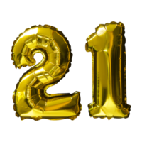 21 ballons d'hélium nombre d'or fond isolé. ballons réalistes en aluminium et en latex. éléments de conception pour la fête, l'événement, l'anniversaire, l'anniversaire et le mariage. png