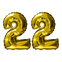 22 Golden number helium balloons isolated background. Realistic foil and latex balloons. design elements for party, event, birthday, anniversary and wedding. png