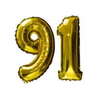 91 Golden number helium balloons isolated background. Realistic foil and latex balloons. design elements for party, event, birthday, anniversary and wedding. png