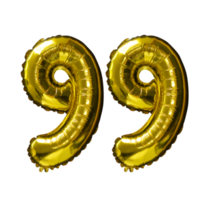 99 balões de hélio de número dourado isolado de fundo. folha realista e balões de látex. elementos de design para festa, evento, aniversário, aniversário e casamento. png