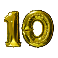 10 ballons d'hélium nombre d'or fond isolé. ballons réalistes en aluminium et en latex. éléments de conception pour la fête, l'événement, l'anniversaire, l'anniversaire et le mariage. png