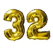 32 Golden number helium balloons isolated background. Realistic foil and latex balloons. design elements for party, event, birthday, anniversary and wedding. png