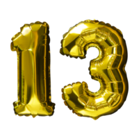 13 Golden number helium balloons isolated background. Realistic foil and latex balloons. design elements for party, event, birthday, anniversary and wedding. png