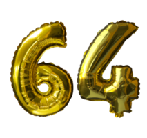 64 ballons d'hélium nombre d'or fond isolé. ballons réalistes en aluminium et en latex. éléments de conception pour la fête, l'événement, l'anniversaire, l'anniversaire et le mariage. png