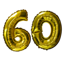 60 balões de hélio número dourado isolado de fundo. folha realista e balões de látex. elementos de design para festa, evento, aniversário, aniversário e casamento. png
