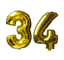 34 Golden number helium balloons isolated background. Realistic foil and latex balloons. design elements for party, event, birthday, anniversary and wedding. png