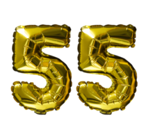 55 Golden number helium balloons isolated background. Realistic foil and latex balloons. design elements for party, event, birthday, anniversary and wedding. png