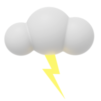 White cartoon cloud with lightning. 3D rendering. PNG icon on transparent background.