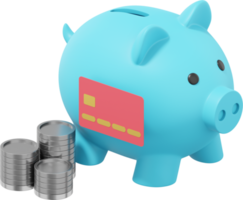 Blue piggy bank, stacks of coins and credit card. PNG icon on transparent background. 3D rendering.