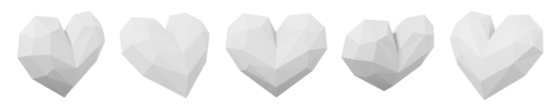 Set of white low poly hearts. Views from different sides. 3D rendering. Symbol of love, likes, romance. PNG icon on transparent background.