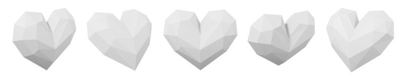 Set aus weißen Low-Poly-Herzen. Ansichten von verschiedenen Seiten. 3D-Rendering. symbol der liebe, mag, romantik. png-Symbol auf transparentem Hintergrund. png