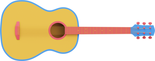 Multicolored acoustic guitar, front view. 3D rendering. PNG icon on transparent background.