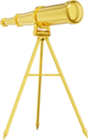 Telescope gold metal. 3d rendering. PNG icon on transparent background.