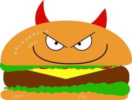 Evil looking hamburger, illustration, vector on white background.