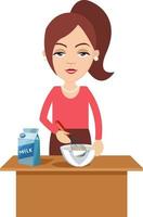 Woman cooking with milk, illustration, vector on white background.