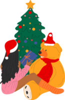 The girl sits with a teddy bear near the Christmas tree . All elements are isolated png