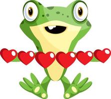 Frog in love holding hearts, illustration, vector on white background.