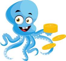 Octopus with coins, illustration, vector on white background.
