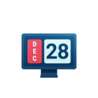 icono de calendario de diciembre ilustración 3d con monitor de escritorio fecha 28 de diciembre png