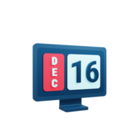 ilustração 3d de ícone de calendário de dezembro com data de monitor de desktop 16 de dezembro png