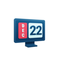 December Calendar Icon 3D Illustration with Desktop Monitor Date December 22 png