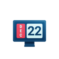 icono de calendario de diciembre ilustración 3d con monitor de escritorio fecha 22 de diciembre png