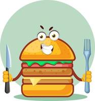 Burger is holding a knife and fork, illustration, vector on white background.