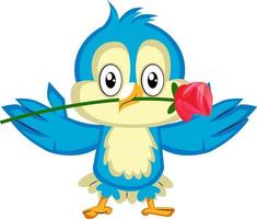 Blue bird is holding a red rose, illustration, vector on white background.
