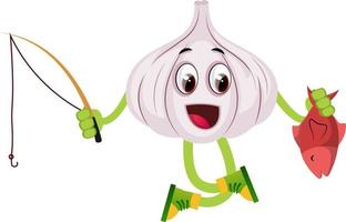 Garlic with fishing rod, illustration, vector on white background.