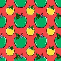 Apples pattern, seamless pattern on red background. vector