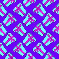 Blue present with a bow ,seamless pattern on violet background. vector