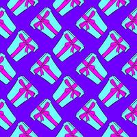 Blue present with a bow ,seamless pattern on violet background. vector