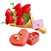 3d render valentine's flowers bouquet with chocolate png