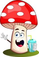 Mushroom drinking soda, illustration, vector on white background.