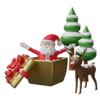 santa claus i gyllene gåva låda, jul träd, ren isolerat. hemsida, affisch eller lycka kort, festlig ny år begrepp, 3d illustration eller 3d framställa png