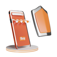 orange mobile phone or smartphone with store front, shield isolated. Internet security or privacy protection or ransomware protect concept, 3d illustration or 3d render png