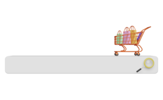 barra naranja de búsqueda en blanco con lupa, carrito de compras, bolsa de papel aislada. motor de búsqueda web mínimo o concepto de navegación web, ilustración 3d o presentación 3d png