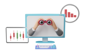 3d-diagramme und diagramm mit der geschäftsmannhand, die fernglas, analysegeschäftsfinanzdaten, online-marketing lokalisiert hält. Geschäftsstrategiekonzept, 3D-Darstellung png