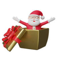 weihnachtsmann in der goldenen farbgeschenkbox lokalisiert. website, poster oder glückskarten, festliches neujahrskonzept, 3d-illustration oder 3d-rendering png