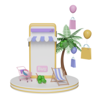 podio de escenario con teléfono móvil amarillo o frente de tienda de teléfonos inteligentes, silla de playa, flamenco inflable, hoja de palma, bolsas de papel de compras, concepto de venta de verano de compras en línea, ilustración 3d o presentación 3d