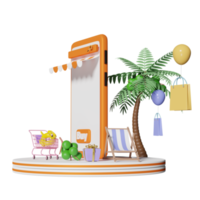 stage podium with orange mobile phone or smartphone store front, beach chair, Inflatable flamingo, palm leaf, shopping paper bags, online shopping summer sale concept, 3d illustration or 3d render