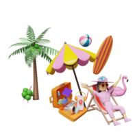viagens de verão com mulher de personagem de desenho animado sentada na cadeira de praia, mala laranja, prancha de surf, guarda-chuva, flamingo inflável, palm, câmera isolada. ilustração 3d do conceito, renderização 3d png