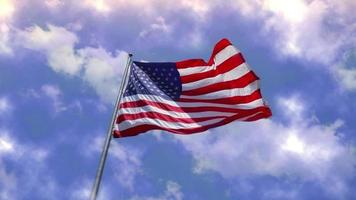 nord americano bandiera svolazzanti nel il nuvole con uccelli volante al di sopra di esso video